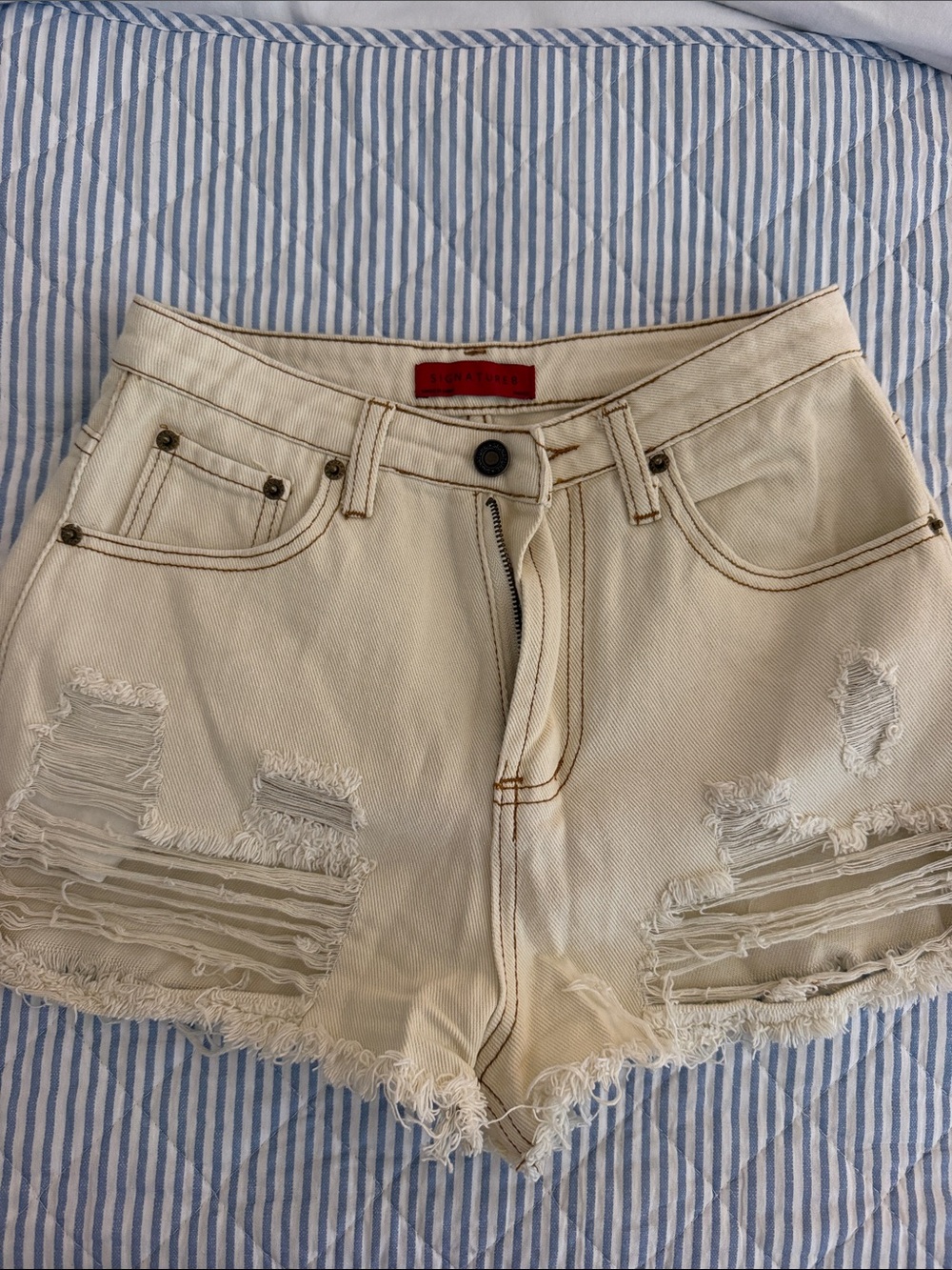 Signature8 Cream Distressed Denim Shorts